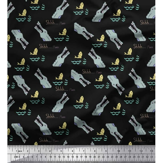 Soimoi Black Cotton Cambric Fabric Crocodile Face & Fish Ocean Print Fabric by the Yard 42 Inch Wide