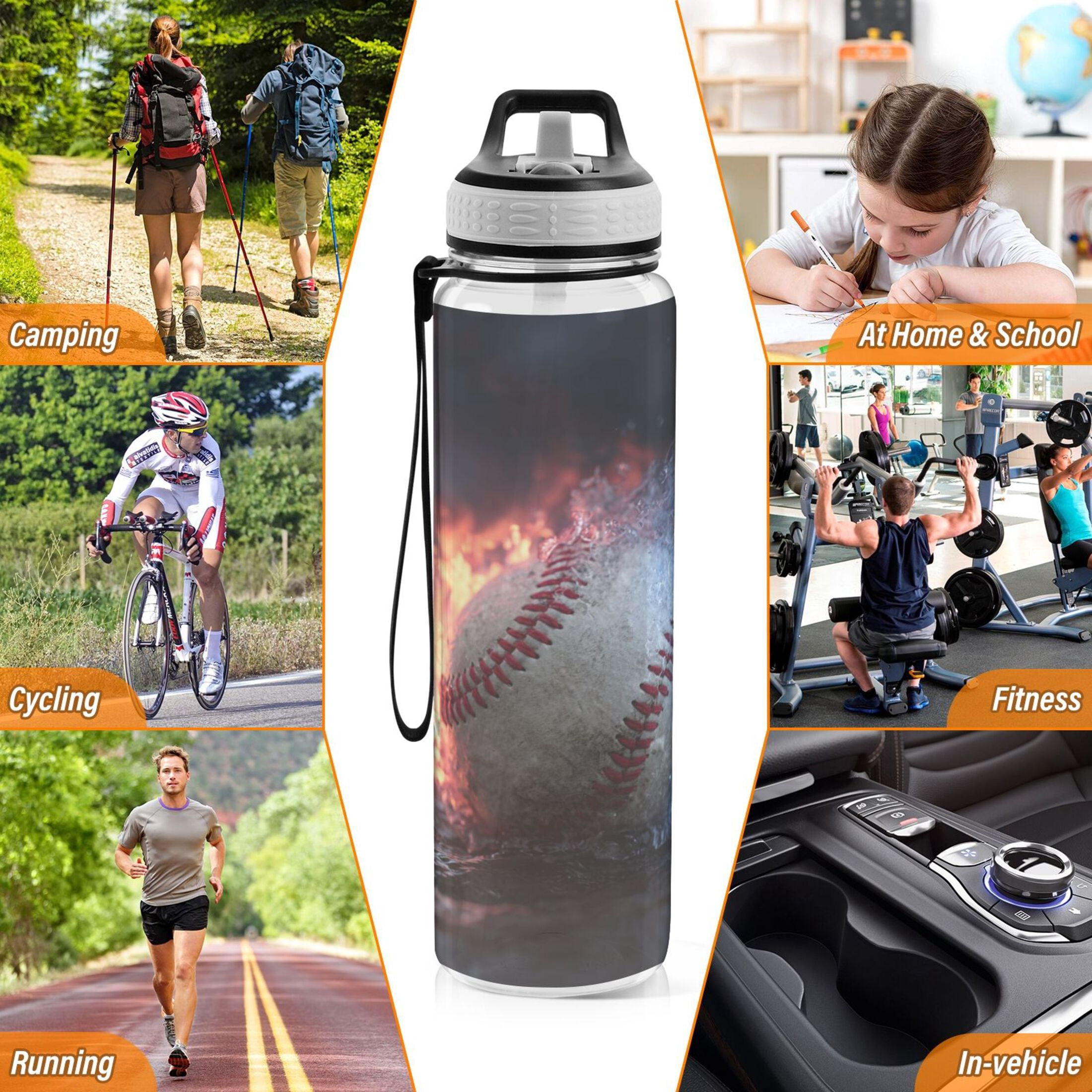 32oz Transparent Sports Water Bottle with Straw for Kids Adults Outdoor School Gym Fitness Baseball with Water and Fire