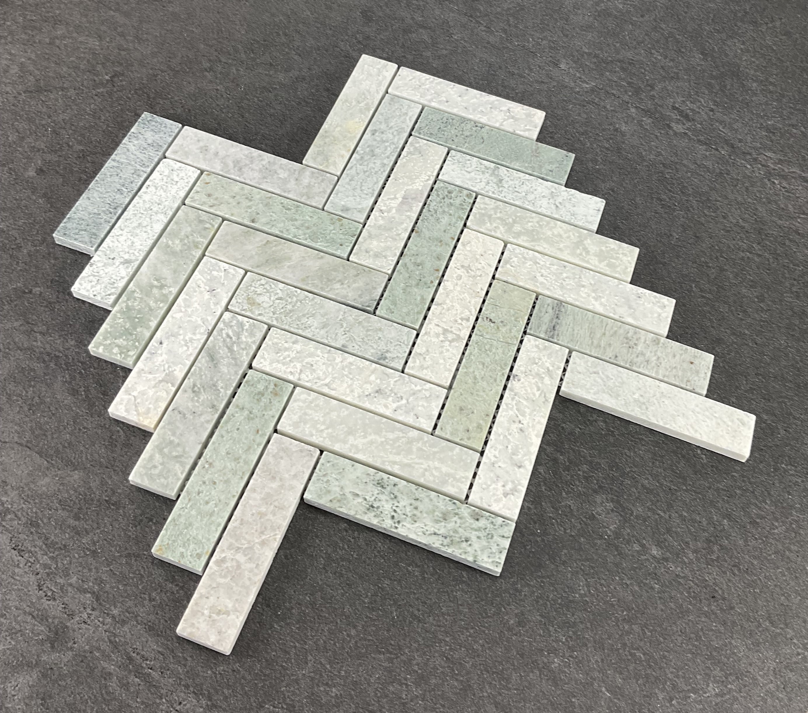 10 Sheets of 1" x 4" Ming Green Marble Herringbone / Chevron Mosaic Wall & Floor Tile