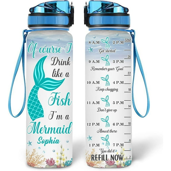 Personalized Of Course I Drink Like A Fish Mermaid 32oz Liter Motivational Water Bottle, Customized Name Tracking Water Bottle Gifts For Women, Mermaid Lovers On Birthday, Anniversary