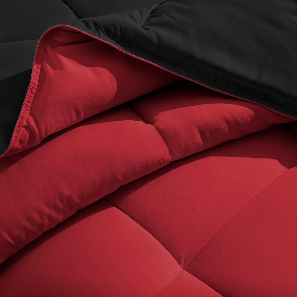 Bare Home Microfiber 5-Piece Black/Red Comforter, Black Sheet Set Reversible Bed in a Bag, Queen