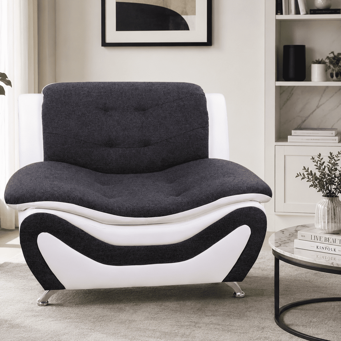 Gewnee Accent Chair Single Sofa, 42" Breathable Leather Sofa Chair with Solid Wood Frame & Metal Legs, Modern Furniture for Living Room Bedroom Office, Black & White