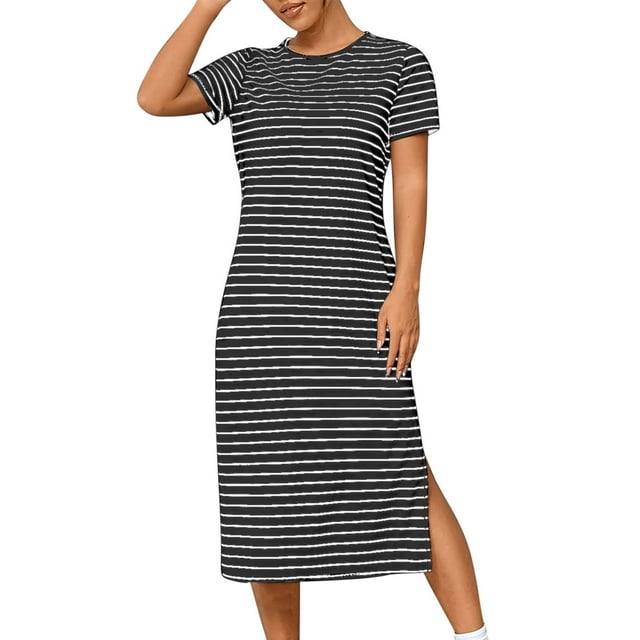 Staron Robes d'Été Décontractées pour Femmes Col Rond Vacances Robe T-Shirt d'Été Fluide à Rayures Manches Courtes Fente Latérale Ample Décontractée Plage Midi Robes