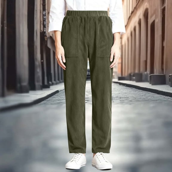 Juslio Pants for Women with Pockets Corduroy Casual Comfortable Elastic Waist Straight Pants