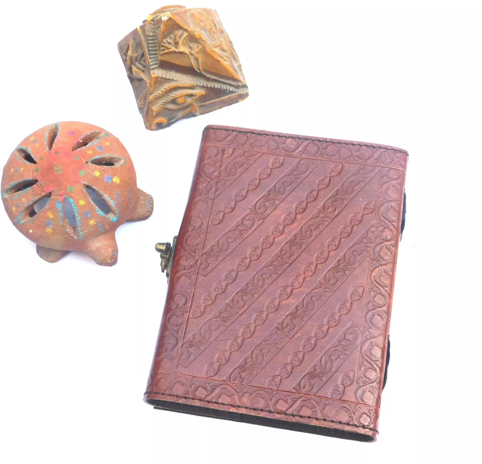 Handcrafted Embossed Design Vintage Leather Bound Journal Healing Stone Grimoire Diary Blank Notebook For Men & Women (Pack of 2)