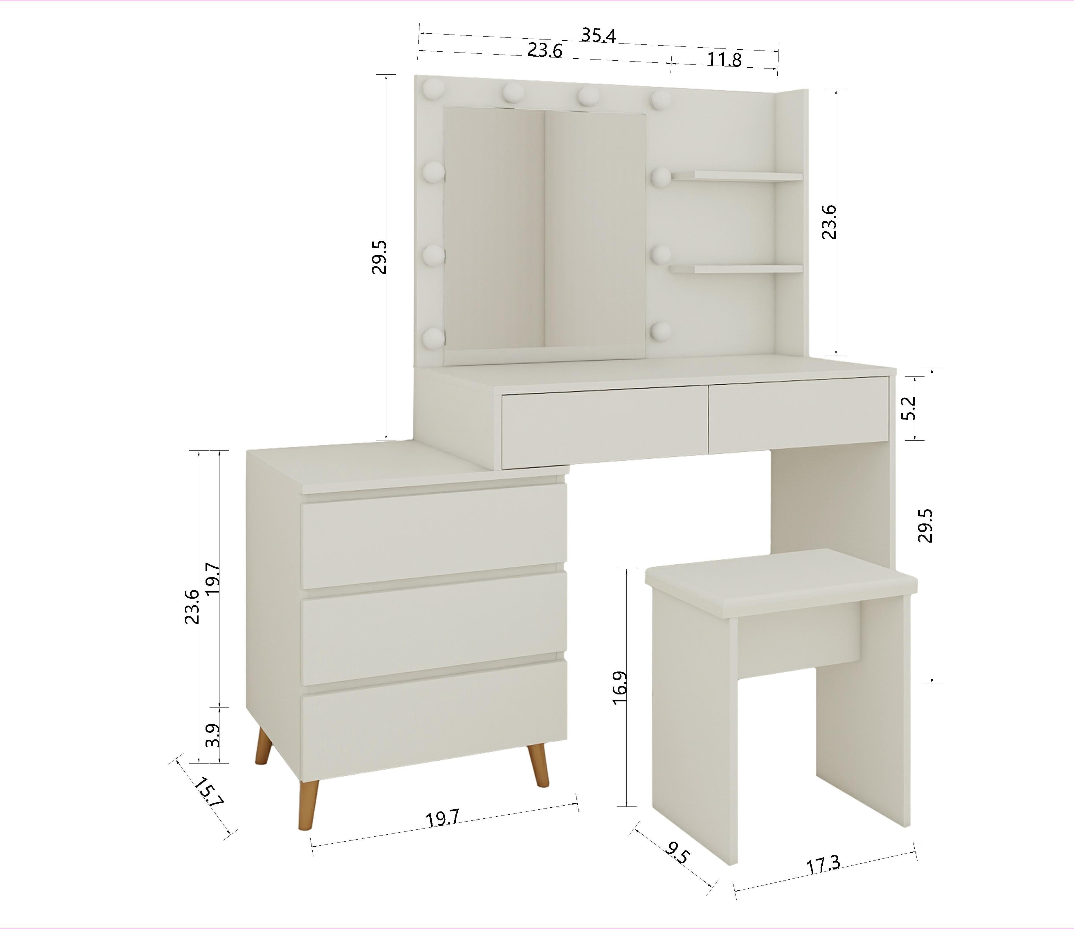 LED Makeup Vanity Table with Mirror, Storage Drawers, Matching Stool and Organizer Compartments, White Beauty Station for Bedroom, 55.1"x15.7"x53.1"