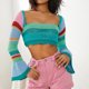 thumbnail image 2 of SAYOO Tops Cortos de Punto para Mujer, Camisa de Patchwork de Punto de Ganchillo de Manga Larga Acampanada con Cordón en la Espalda Streetwear SAYOO  casual, 2 of 8