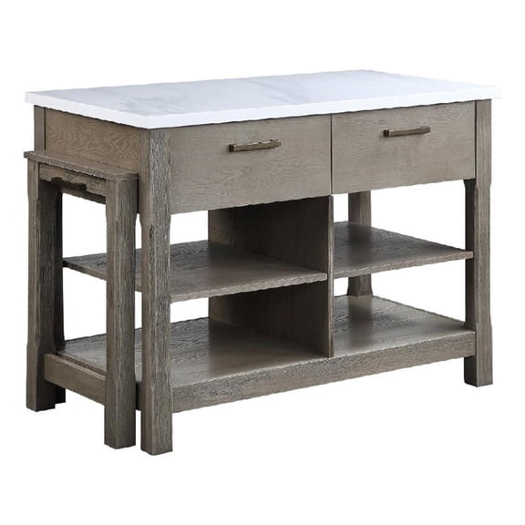 Benjara 50" Wood Kitchen Island- Faux Marble Top- Pull Out Table- Gray