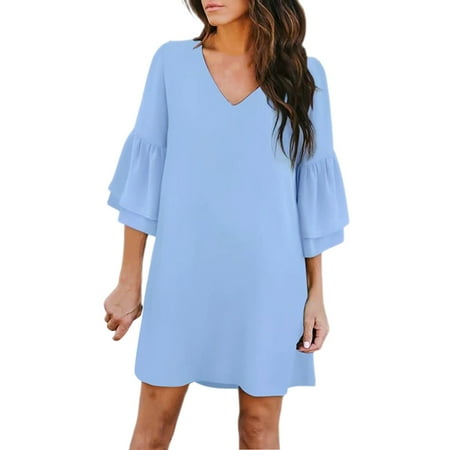

Qufokar Maternity Fall Dress Ruffle Dress Women Fashion Loose Casual Solid Color V Neck Five Quarter Sleeve Flared Sleeve Dress