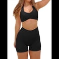 thumbnail image 2 of Conjuntos Entrenamiento para Mujer 2 Piezas,Sujetador Deportivo con Cuello Halter y Arrugas,Pantalones Cortos Ciclista Cintura Alta,Ropa Ejercicio para Gimnasio Yoga Negro L, 2 of 8