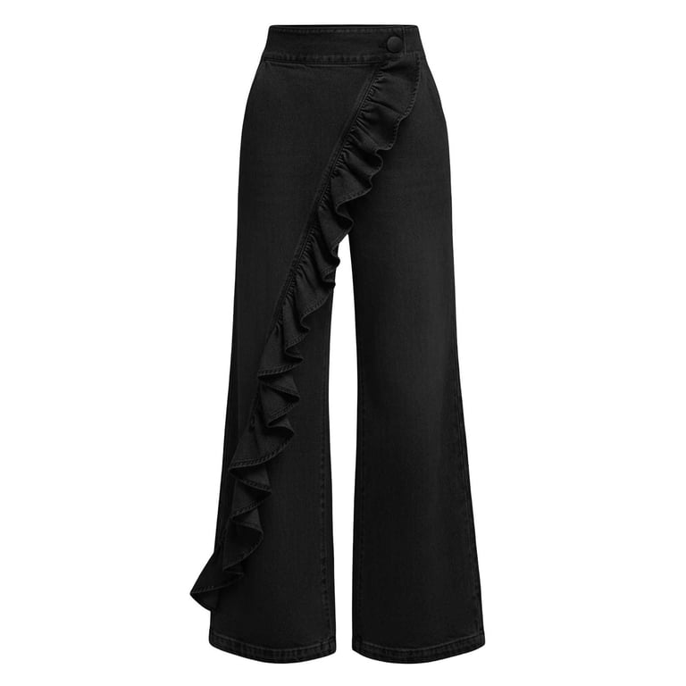 Womens High Waist Ruffle Trim Flared Denim Pants Solid Color