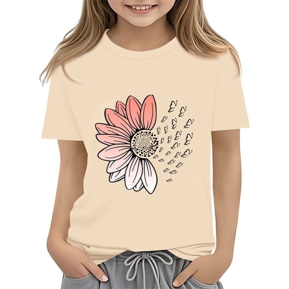 XIMIN Girls T Shirts Sunflower Graphic Tees Short Sleeve Crew Neck Cotton Loose Fit Funny Casual Summer Tops