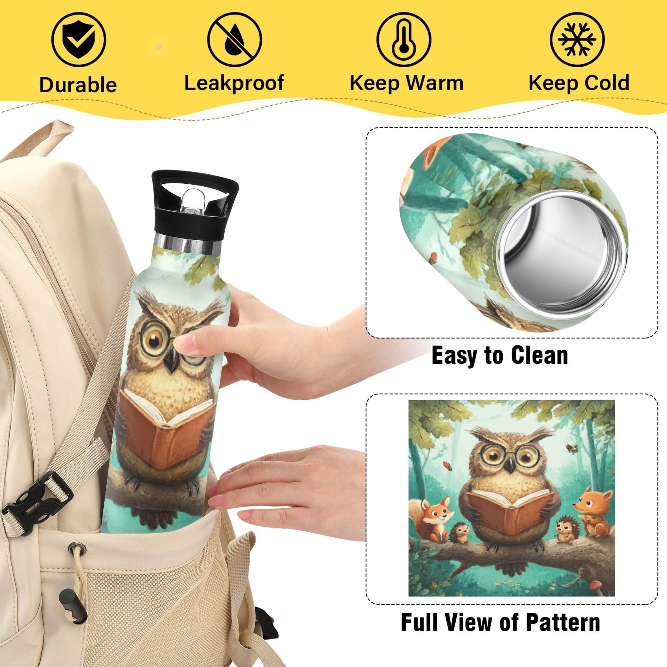 Kids Insulated Stainless Steel Sports Water Bottle 600ml (20oz) Owl Wearing Glasses