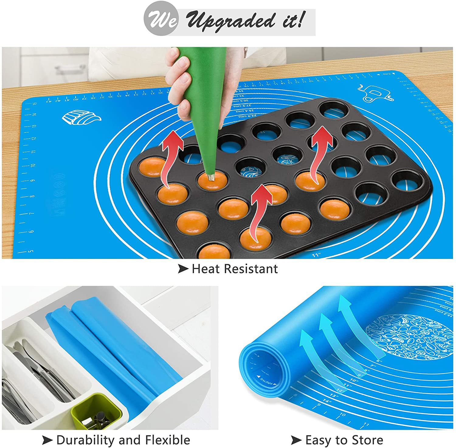Silicone Baking Mats with Measurements,16”x20”Large Silicone Pastry Mats  for Counter BPA Free Food Grade Silicone Rolling Dough Mat Non-stick  Non-slip
