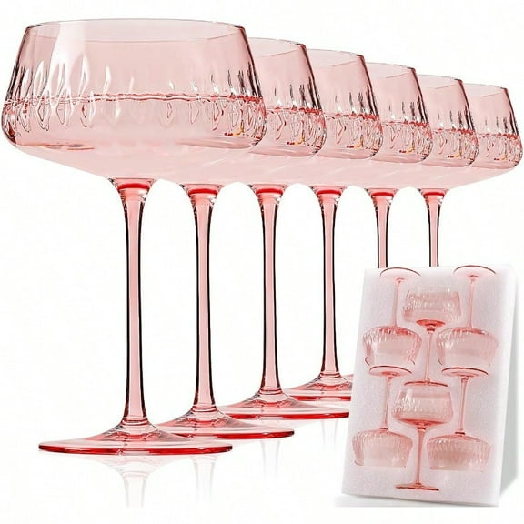 Pink Martini Glasses Set of 6 Hand Blown Colored Cocktail Glass 14Oz Vintage Champagne Coupe Glasses Large Pink Coupe Glass Crystal Retro Style Bar Drinking Glasses Mother's Day Gift