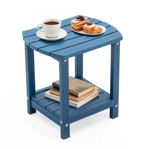 ENYLAY Adirondack Small Outdoor Side Table , Weatherproof HDPE Patio End Table with 2-Tier Storage for Firepit, Balcony, Garden, Poolside or Bathroom (Blue, Set of 1)