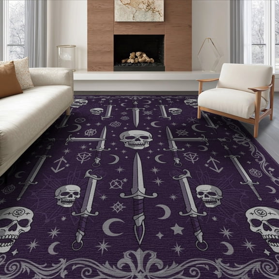 ODIKA 8'x10' Washable Area Rug Gothic Horror Halloween Skull Spooky Witchy Vintage Witch Ghost Flowing Dynamic for Dining Room, Large Office, Lounge, Non-Slip Chair-Friendly Mat