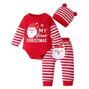 WIBACKER My 1st Christmas Baby Boy Outfits Newborn Santa Claus Bodysuit + Striped Pants + Hat Set Infant Toddler Xmas Clothes