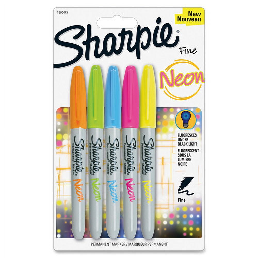 Sharpie Neon Permanent Markers, Fine Point, Colours, 5 Count  - Permanent Marker
