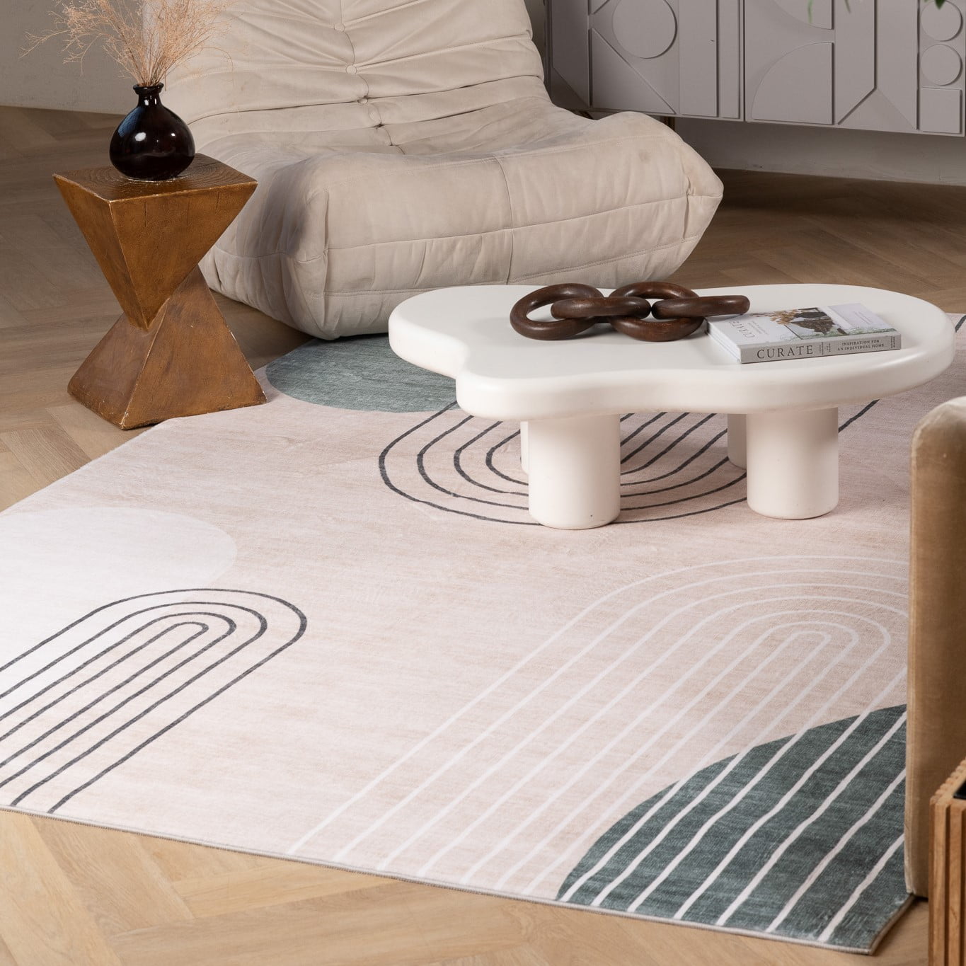 Tapis d'interieur moderne du milieu du siecle Rug Branch Eclipse, beige vert, abstrait - Salon, chambre, salle a manger et bureau