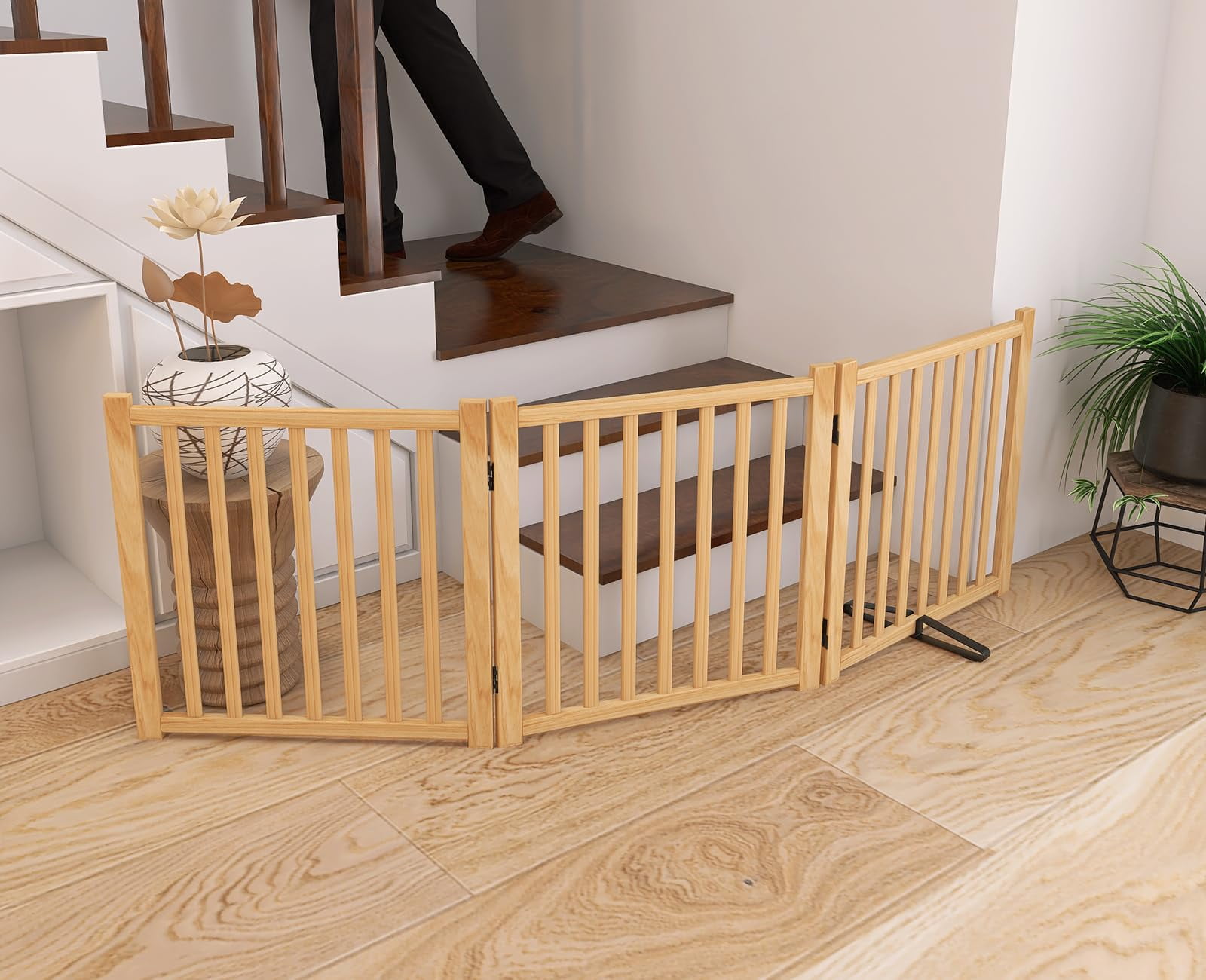 TEQIN Indoor Pet Gate,Freestanding Pet Gate for Dogs,Folding Dog Gate for Stairs or Doorways,Freestanding Pet Fence Kitchen Wooden Pet Barrier for Cats and Dogs
