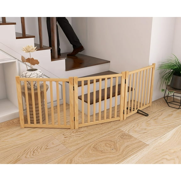 Paint-Free Wooden Freestanding Dog Gates Wooden Indoor Dog Fence,Collapsible Wood Pet Gates Wood Dog Fences Indoor Pet Gate Step Over Fence for Indoor, Stairs, Doorway, Kitchen Wooden Pet Barri