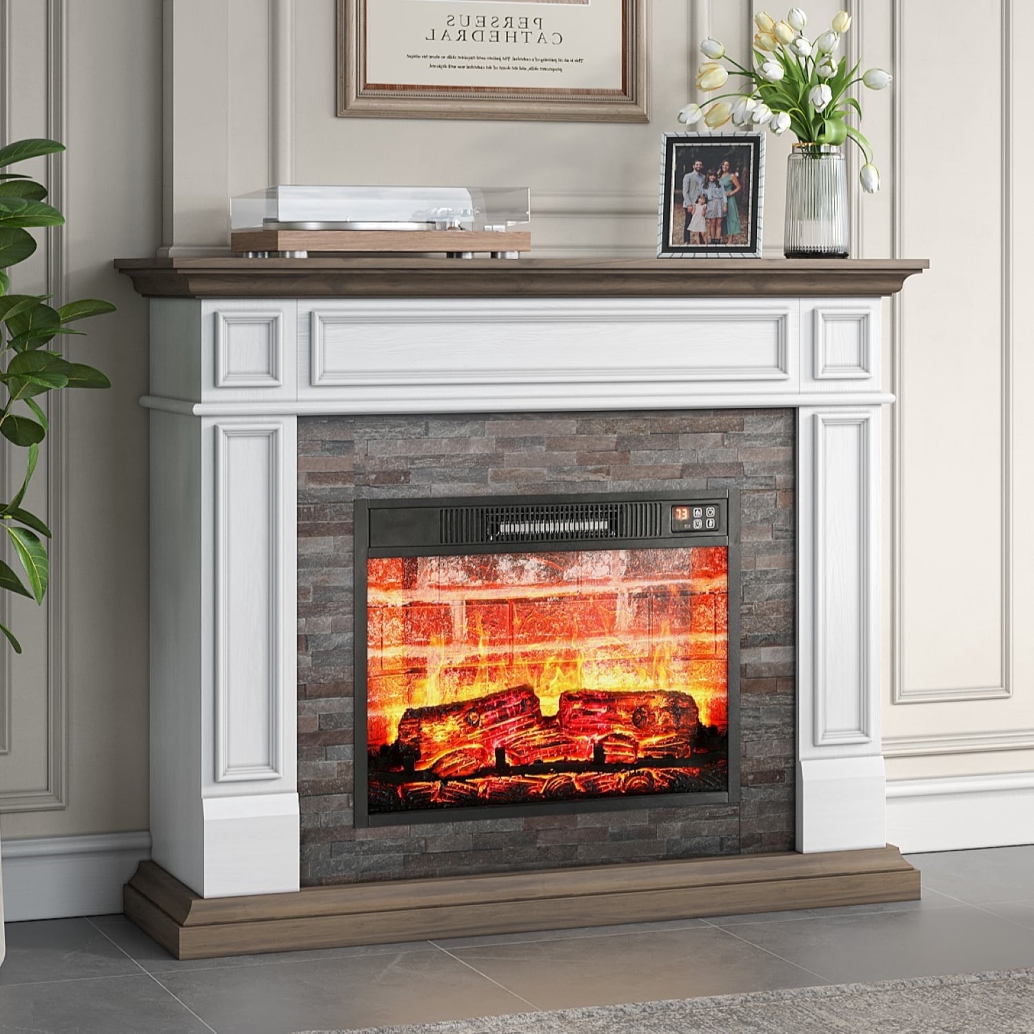 LGHM 44" Electric Fireplace Mantel Package Wooden Stacked Stone Surround Free Standing Electric Fireplace Heater with Adjustable Led Flame, Remote Control, Brown