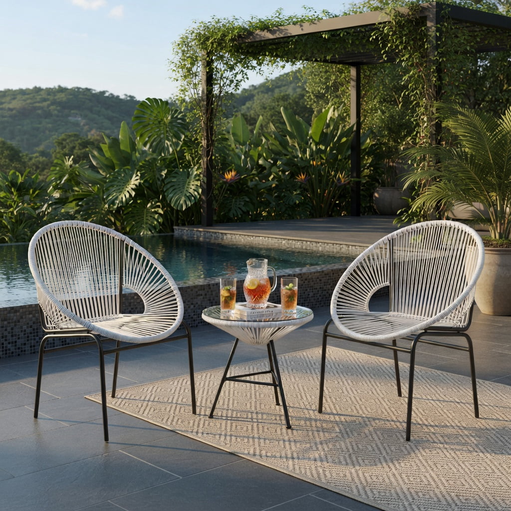 Hommoo 3-Piece Outdoor Acapulco Bistro Set, 2 Ergonomic Rope Chairs + Tempered Glass Table, White