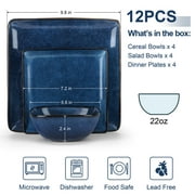 Vesteel 12 Pieces Square Dinnerware Sets, Ceramic Plates and Bowls Sets for 4, Handmade Reactive Glaze Dishes Set for Kitchen Dining, Microwave & Dishwasher Safe, Ocean Blue