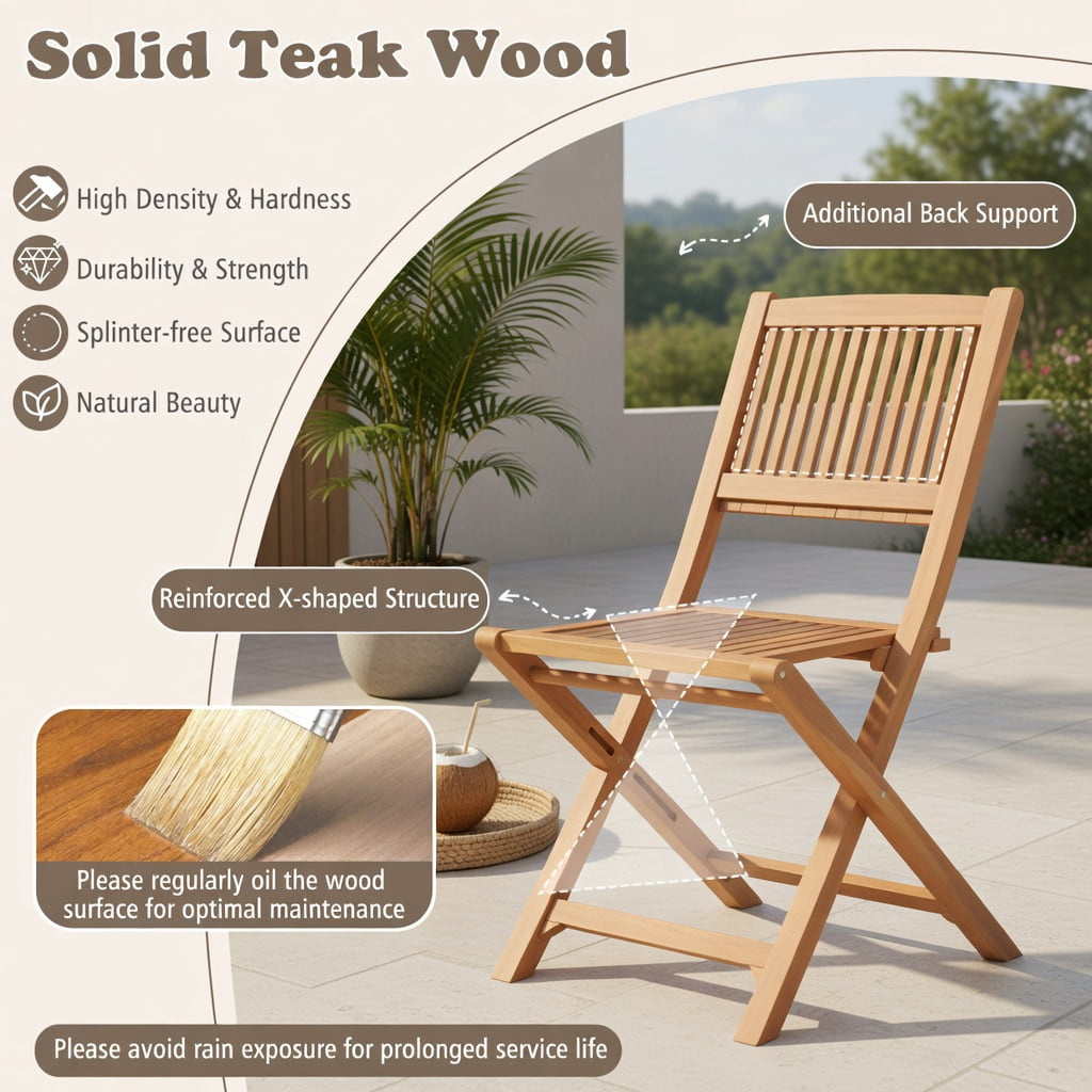 Hommoo 2-Pack Folding Teak Patio Chairs with 105° Inclined Backrest, Wood Outdoor Seating for Porch, Balcony & Garden, Natural