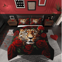 Manfei 3D Cheepah Bedding Comforter Set for Kids, Wildlife Leopard Animal Twin Comforter Sets, Romantic Red Rose Reversible Bedding Set, Super Cozy Room Decor, 2-Piece