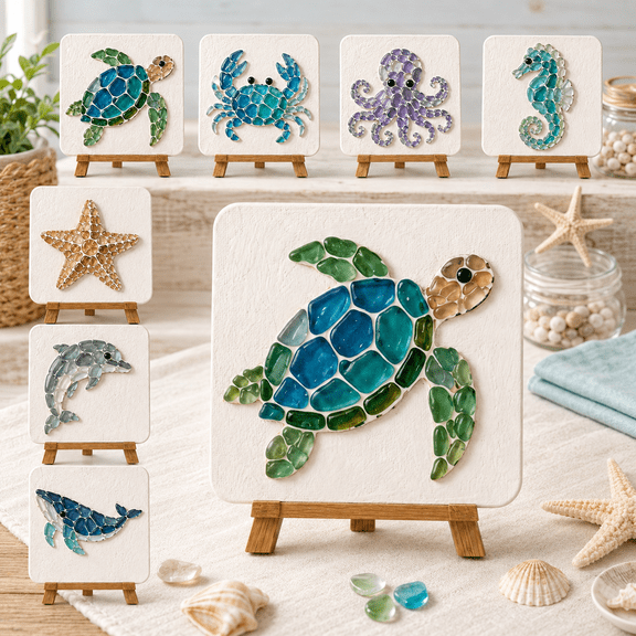 Sea Glass Art DIY Craft Kit, with Sea Turtle Mosaic Design Beach Themed Creative, Set for Adults Ideal for Wall Art Window Display Handmade Gift Giving