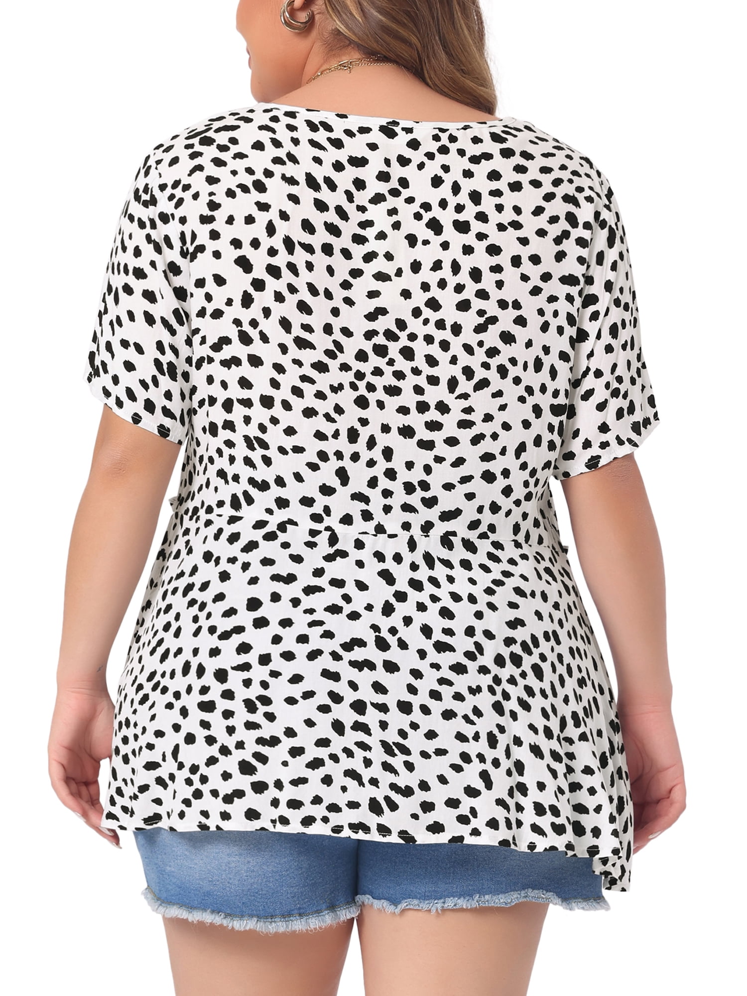 DARING DIVA Women's Plus Polka Dots Crew Neck Peplum Blouse 3X White