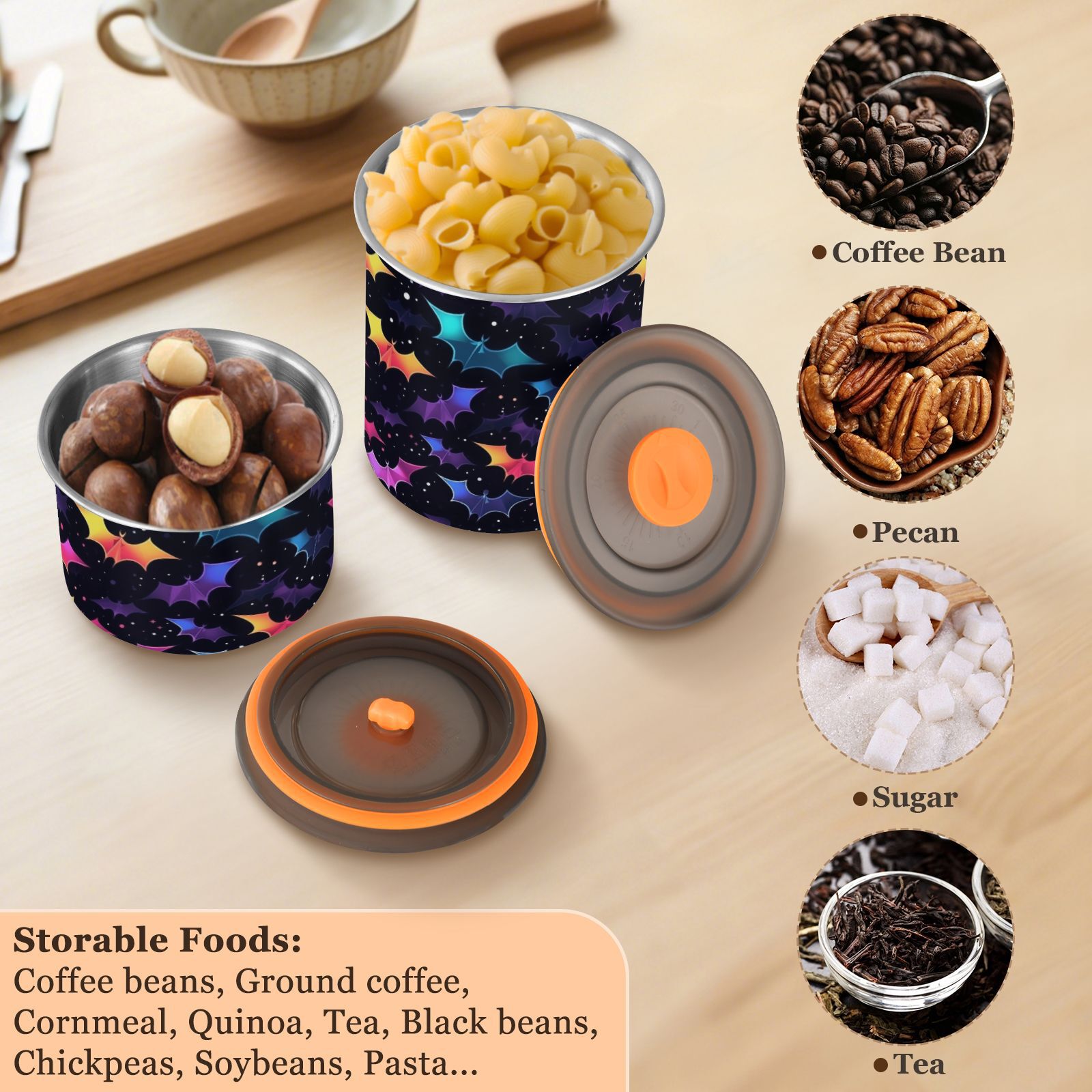 Rainbow Bat Halloween Airtight Coffee Bean Canister 30oz Food Storage Containers with Lids For Gournd, Tea, Sugar, Flour, Rice, Cereal, Candy Cookie Jar