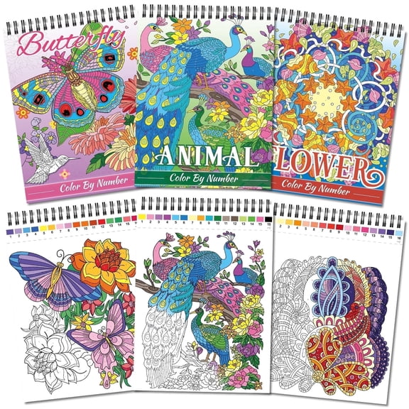 Kalysky Adult Stress-Relief Coloring Book Set (3 Books)60-Page Floral, Butterfly, Animal, with Number Guides and Leak-Proof Pads for Relaxing Creative Drawing