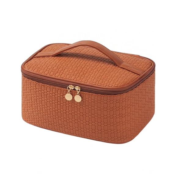 Large Capacity Travel Makeup Bag, Portable PU Leather Woven Textured Cosmetic Organizer Case with Handle, Wide Open Zipper Makeup Storage Bag with Dividers for Women Travel Daily Use, Brown