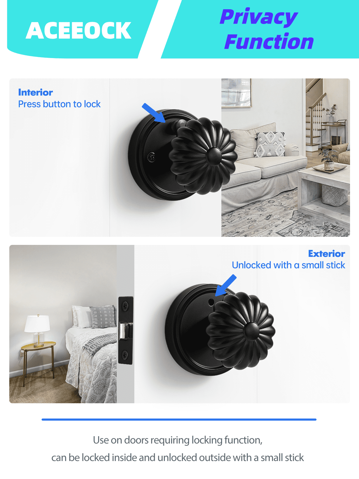 ACEEOCK Black Privacy Door Knob, Interior Door Handle Bathroom Bedroom Black Doorknob, Aluminium Alloy Knob