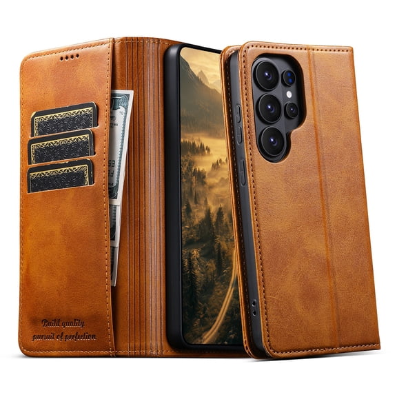 Poweltek Wallet Case for Samsung Galaxy S26 Ultra, Magnetic PU Leather Card Holder Cash Pocket Flip Stand Protective Cover, Yellow