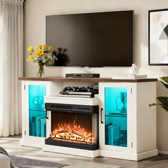 Pamapic 59" Glass Door Fireplace TV Stand for TVs up to 65" with 24" Electric Fireplace