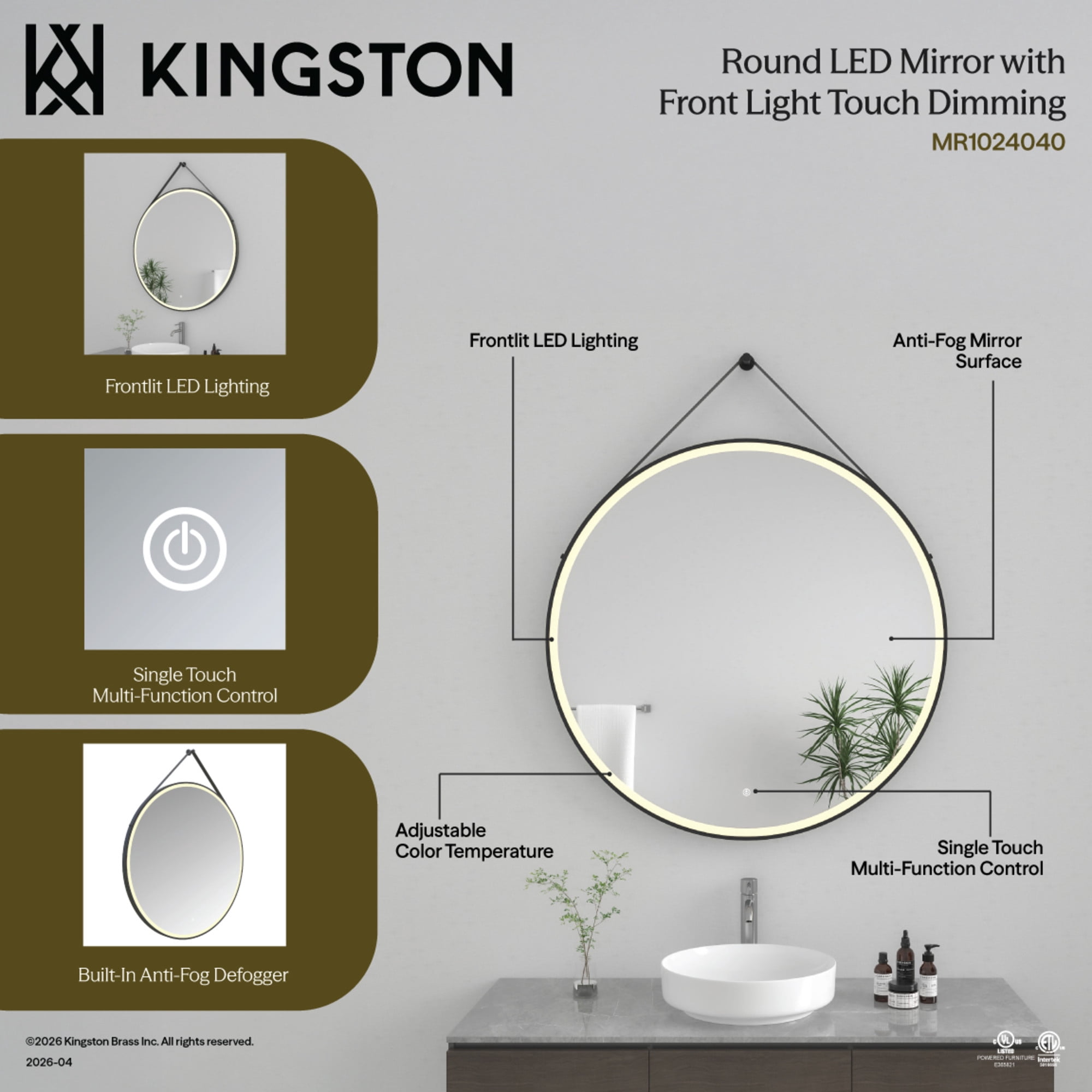 Kingston Brass MR1024040 Aurora 40-Inch Round LED Bathroom Mirror, Front Light, Anti-Fog, Dimmable Touch Sensor Lighted Mirror in Silver/Matte Black