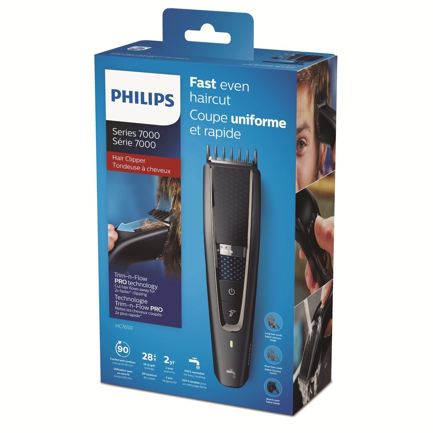 Philips Tondeuse à Cheveux Series 7000 avec Technologie Dual Cut & Trim-n-Flow PRO, Lavable, HC7650