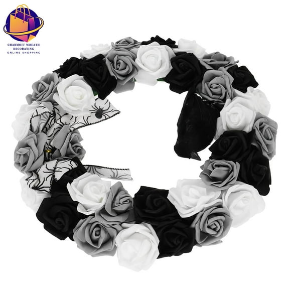 Halloween Decorative Wreaths Artificial Roses Black White Gothic Door Garland Spooky Party Home Decoration Crow Centerpiece