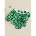 thumbnail image 3 of Suealasg Baby Girls Smocked Romper Flying Sleeve Round Neck Shamrock Print Bubble Bodysuit Infant Newborn Spring One Piece Clothes, 3 of 7