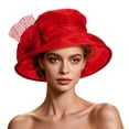 thumbnail image 2 of Church Dress Hat Flower Wide Brim Bridal Tea Party Wedding Hat for Women,Red, 2 of 7