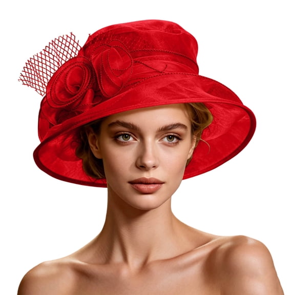 Floleo Women Elegant Wide Brim Hat Floral Embroidery Organza Dress Hat for Wedding Tea Party Formal Events Sun Protection Fashion Accessory(Red,Free Size)