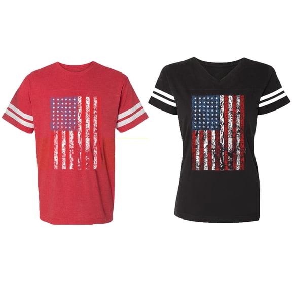 American Flag Matching Couple Cotton Jerseys (Men Red / Women Black) (Men S / Women S)