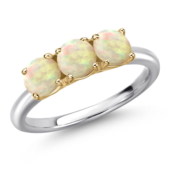 Gem Stone King 10K Two Tone Gold White Ethiopian Opal Engagement Ring for Women | 0.90 Cttw | Round Cabochon 5MM | Gemstone October Birthstone | Size 5