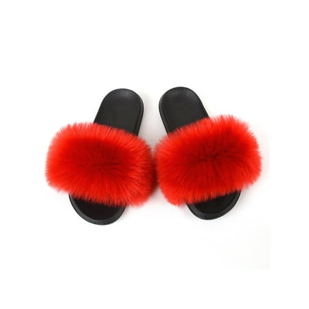 

Fangasis Ladies Fluffy Slides Furry Slipper Faux Fur Fuzzy Slippers Women Shoe Indoor Breathable Color Block Home Shoes Red 7.5-8