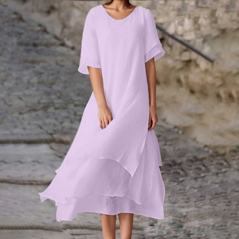 Wdgfv Women's Summer Tiered Layered Linen Maxi Dress Flowy Casual Loose  Cotton Short Sleeve Wedding Long Dress Purple XL - Walmart.com