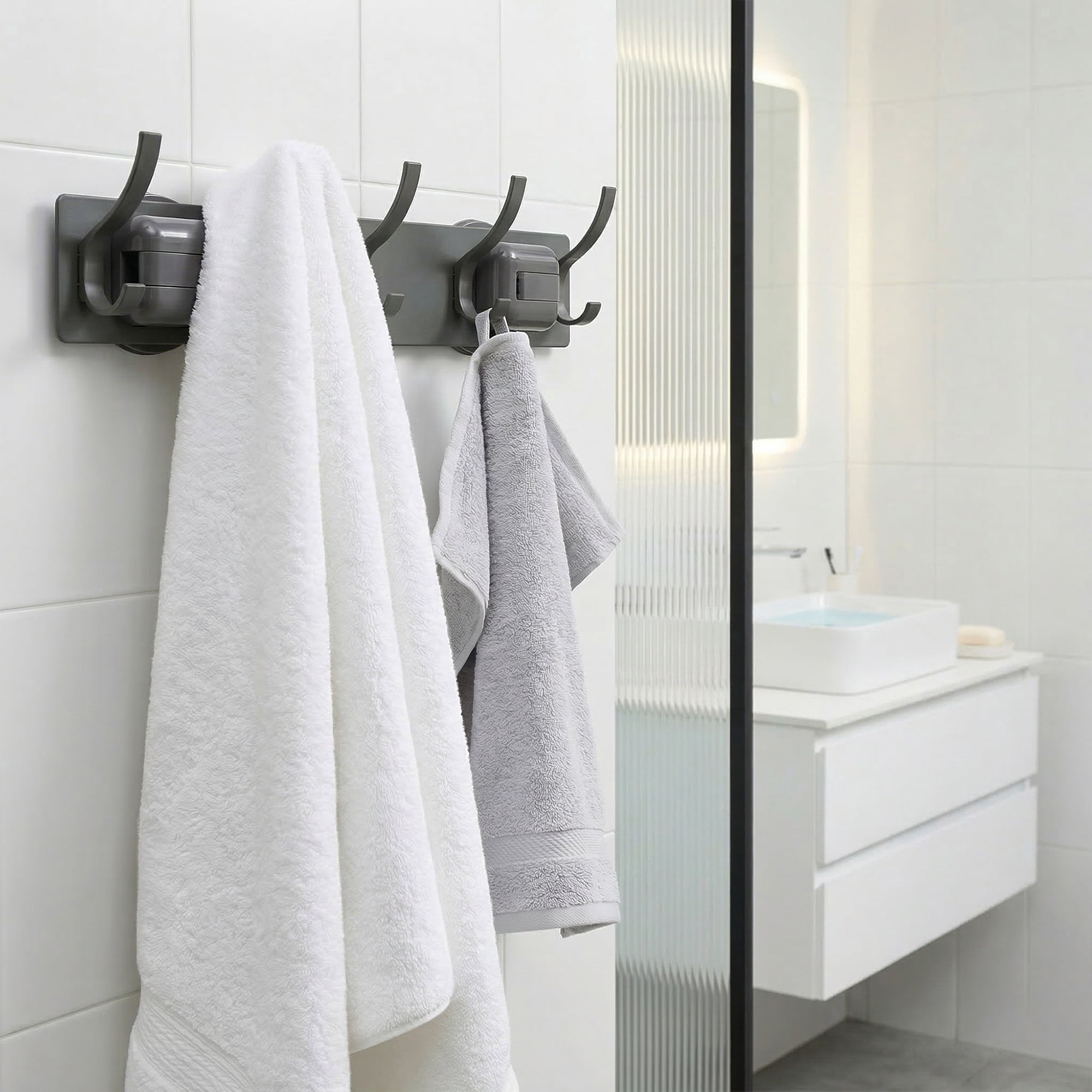 Unique Bargains Coat Rack Wall Mount Metal Suction Round 5 Hooks Rack gray 13.2"x2.4"